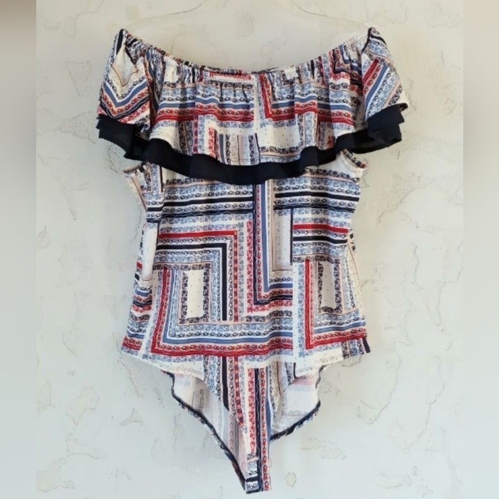Off the shoulder bodysuit, JM Sportswear Collection, 6.5" layered ruffle, Sz. XL